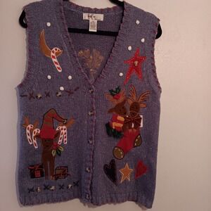 Kikit M. Sasson Women's Ugly Christmas Sweater Vest Size M Reindeer Candy Cane M